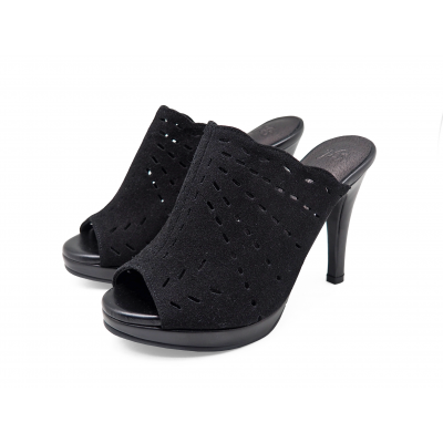 Women Sandals High Heel HSC-02 Black Suede-Black Nappa