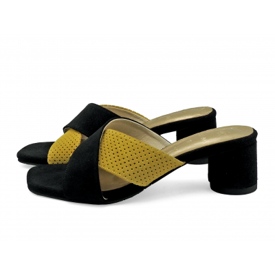 Women Sandals HSC-04 Black-Yellow Suede