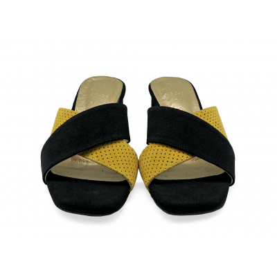 Women Sandals HSC-04 Black-Yellow Suede