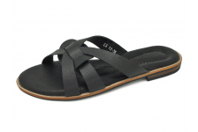 Women Sandals Flat LS-12 Black Corrected Grain Leather