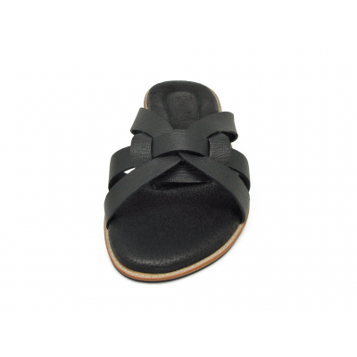 Women Sandals Flat LS-12 Black Corrected Grain Leather
