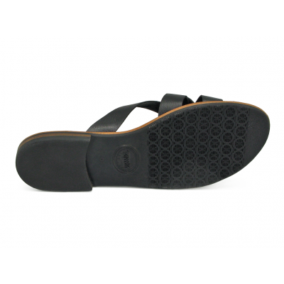 Women Sandals Flat LS-12 Black Corrected Grain Leather