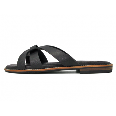 Women Sandals Flat LS-12 Black Corrected Grain Leather