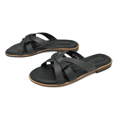 Women Sandals Flat LS-12 Black Corrected Grain Leather
