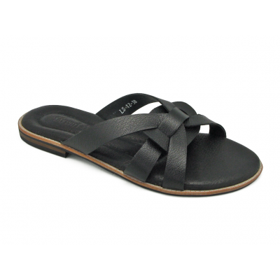 Women Sandals Flat LS-12 Black Corrected Grain Leather