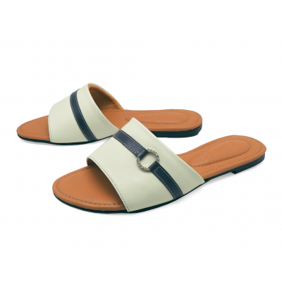 SALE 50%Women Sandals Flat LS-19 	Cream sheep leather-Navy Nappa