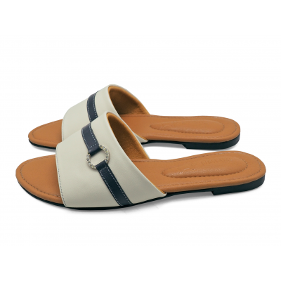 SALE 50%Women Sandals Flat LS-19 	Cream sheep leather-Navy Nappa