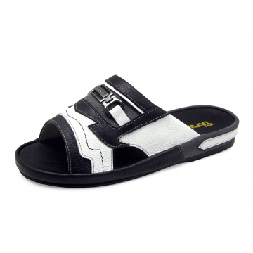 Men Sandals SKF-27 Black-White Corrected Grain Leather-Red Suede
