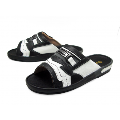 Men Sandals SKF-27 Black-White Corrected Grain Leather-Red Suede