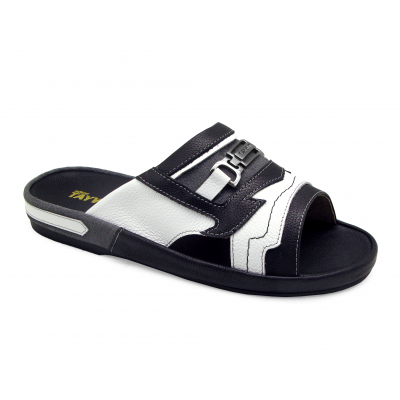 Men Sandals SKF-27 Black-White Corrected Grain Leather-Red Suede