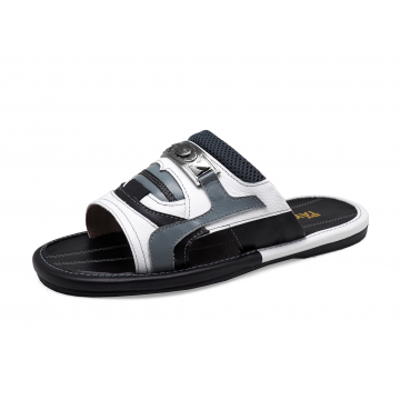 Men Sandals SKF-35 White Corrected Grain Leather-Light Nappa-Black Nappa-Gray Fabric