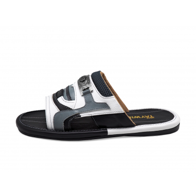 Men Sandals SKF-35 White Corrected Grain Leather-Light Nappa-Black Nappa-Gray Fabric