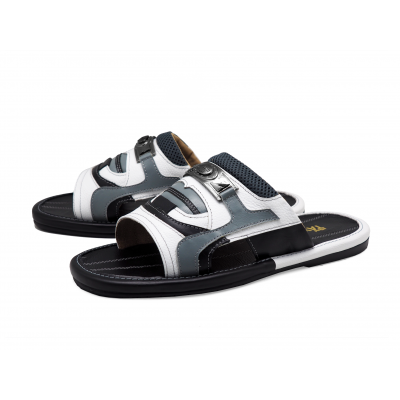 Men Sandals SKF-35 White Corrected Grain Leather-Light Nappa-Black Nappa-Gray Fabric