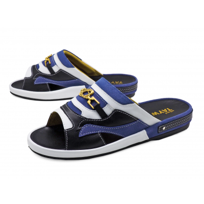 Men Sandals SKF-37 White Nappa-Blue Suede-Black Nappa