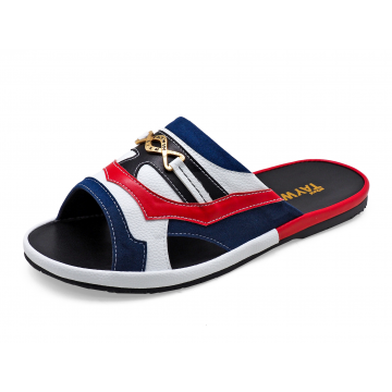 Men Sandals SKF-39 Navy Suede-White Corrected Grain-Red Nappa Microfiber Leather