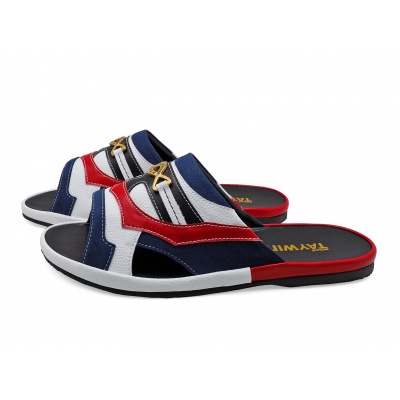 Men Sandals SKF-39 Navy Suede-White Corrected Grain-Red Nappa Microfiber Leather