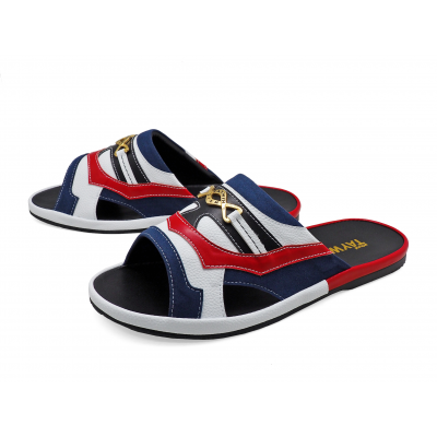 Men Sandals SKF-39 Navy Suede-White Corrected Grain-Red Nappa Microfiber Leather