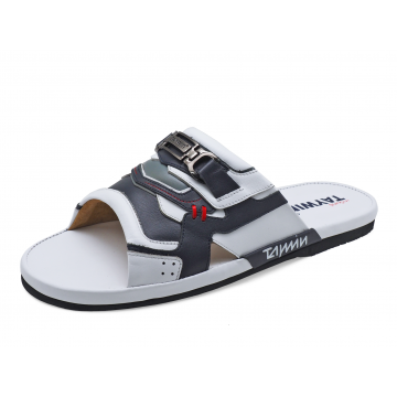 รองเท้าแตะพื้นบาง SKN-01 หนังนิ่มขาว-นิ่มกรมท่า-นิ่มเทา