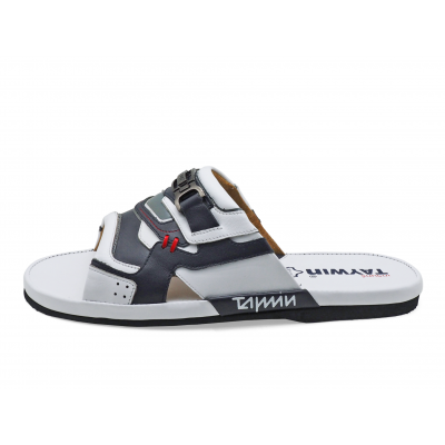 รองเท้าแตะพื้นบาง SKN-01 หนังนิ่มขาว-นิ่มกรมท่า-นิ่มเทา