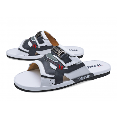 รองเท้าแตะพื้นบาง SKN-01 หนังนิ่มขาว-นิ่มกรมท่า-นิ่มเทา